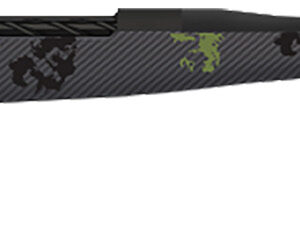 Side view of a camouflaged rifle.