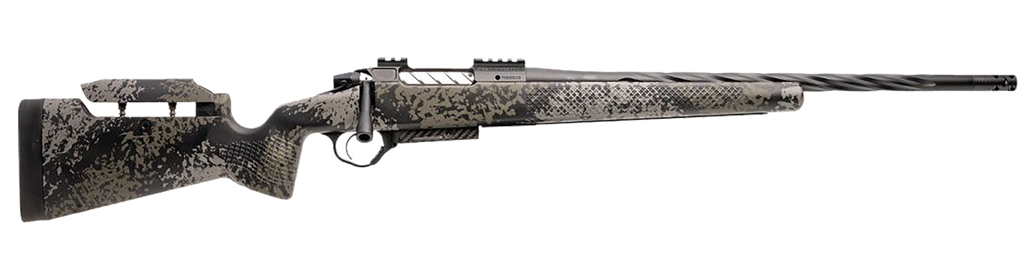 Camo-patterned hunting rifle on white background.
