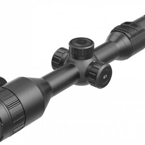Detailed black rifle scope with adjustable features.