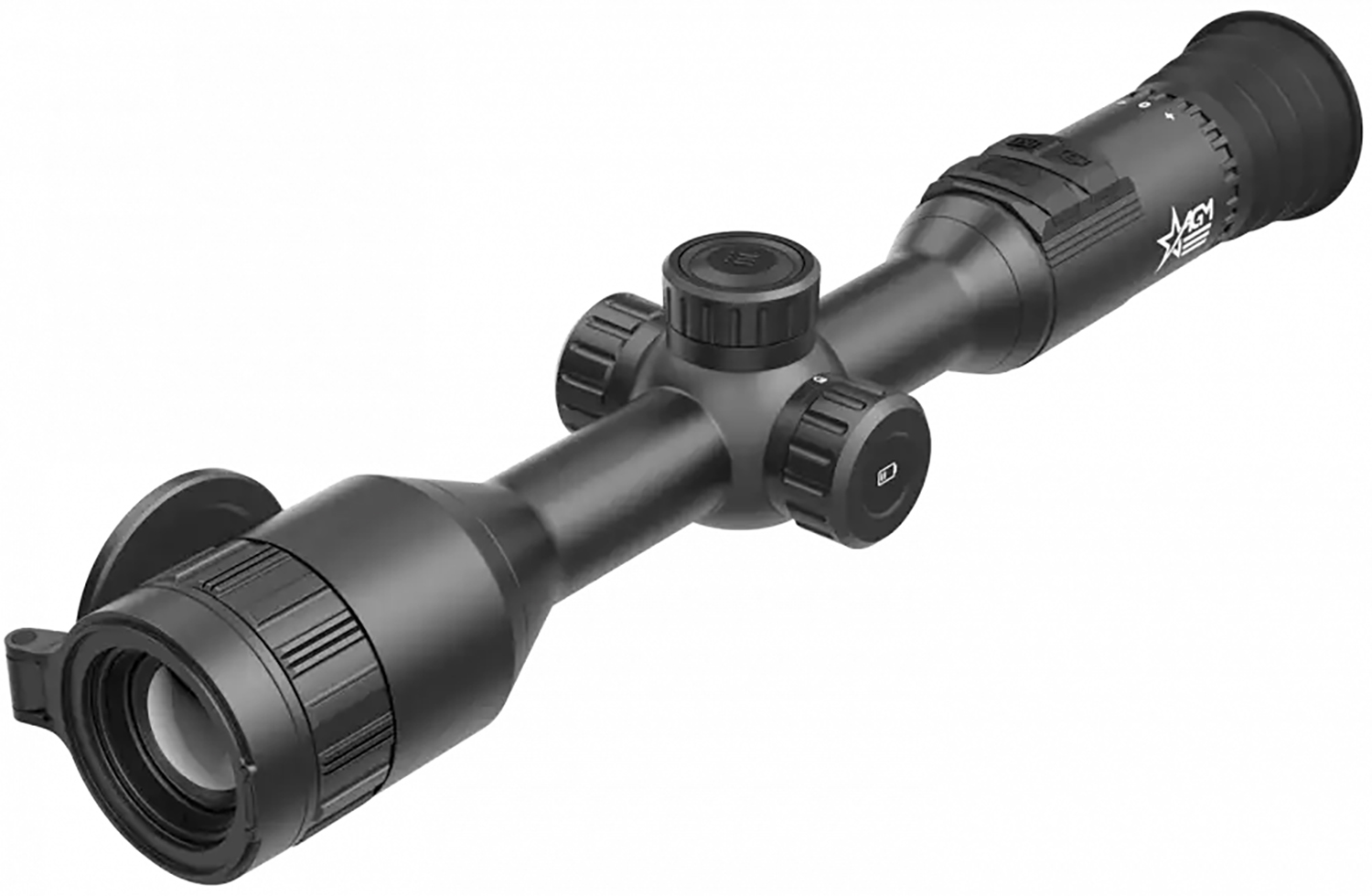 Detailed black rifle scope with adjustable features.