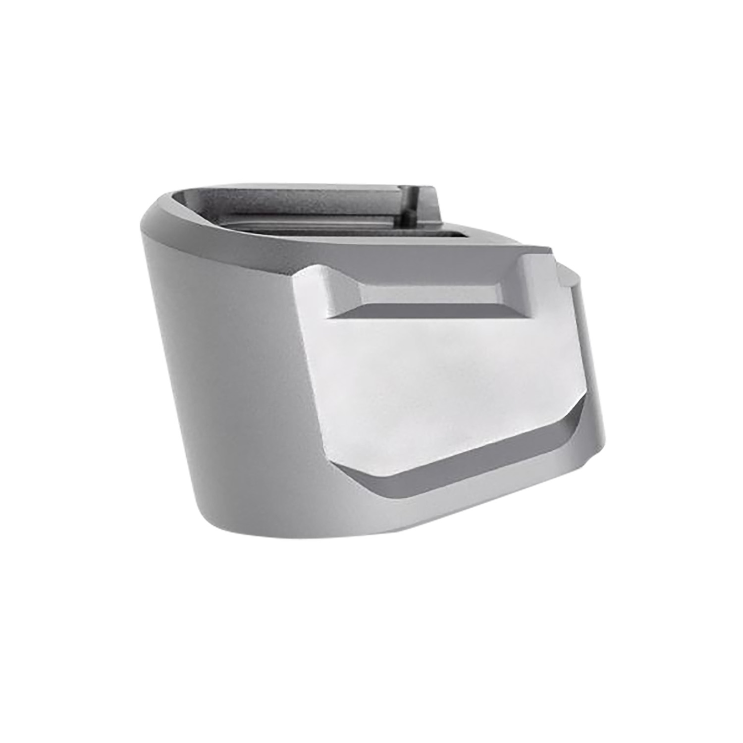 Silver accessory for firearm magazine or grip.