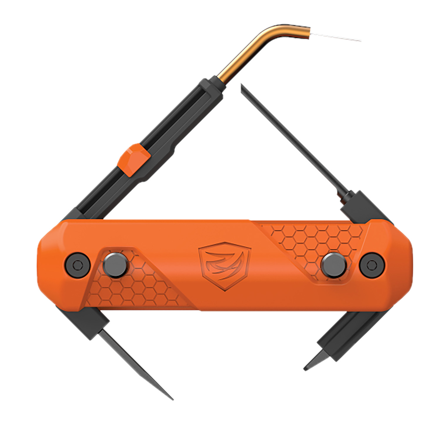 Compact multifunctional tool with orange handle.