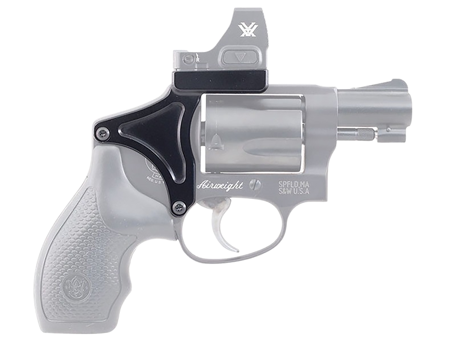 Transparent revolver with tactical sight attachment.