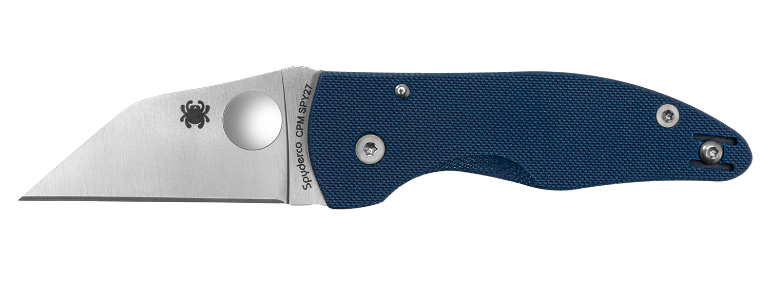 Blue handled folding knife with stainless steel blade.