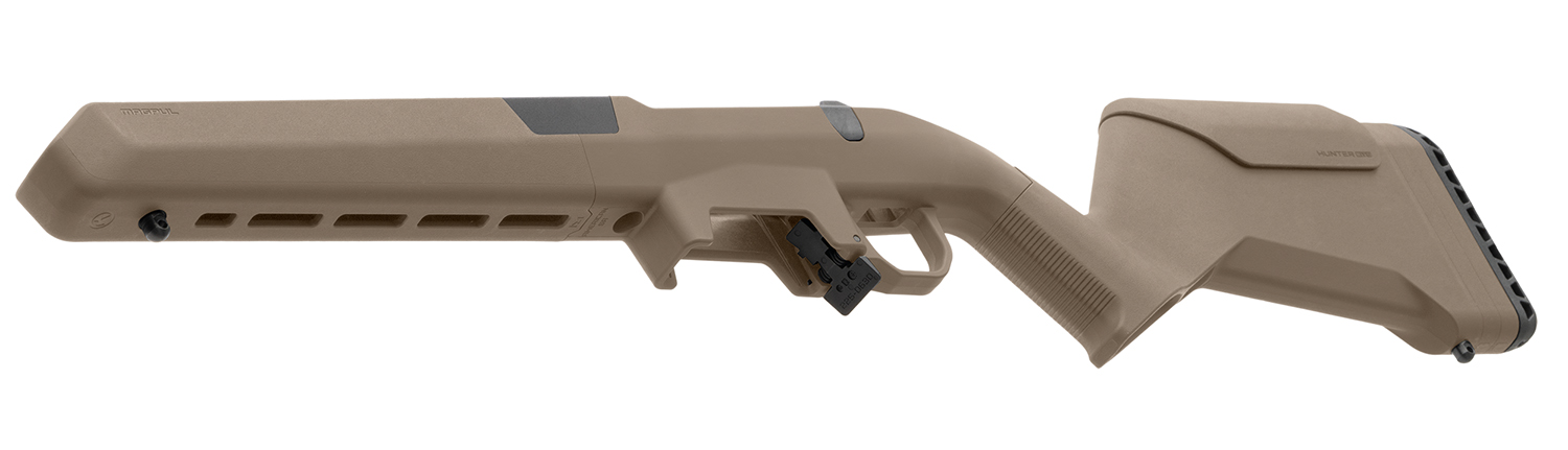 Tan polymer firearm stock with ergonomic design.