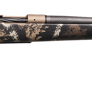 Profile view of a camouflaged hunting rifle.