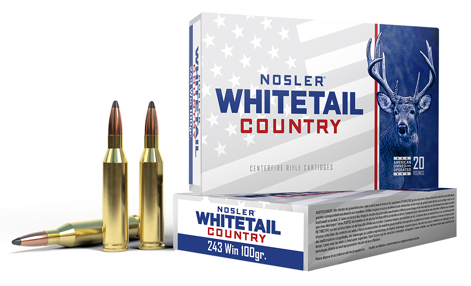 Nosler Whitetail Country rifle cartridges packaging and bullets.