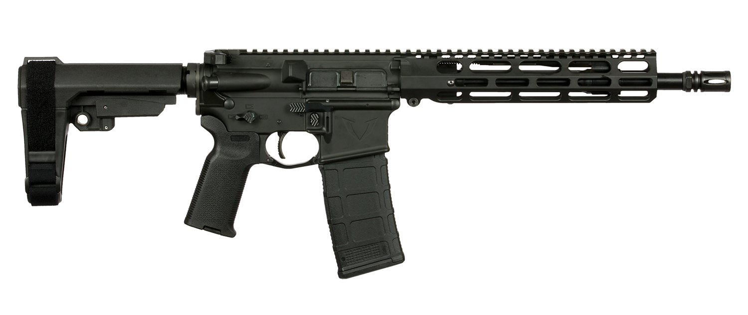 Black semi-automatic firearm from the side.