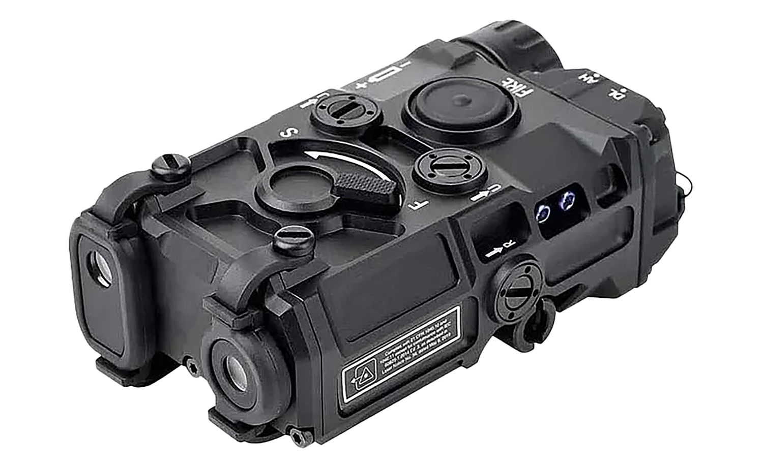 Black tactical camera with multiple control settings.