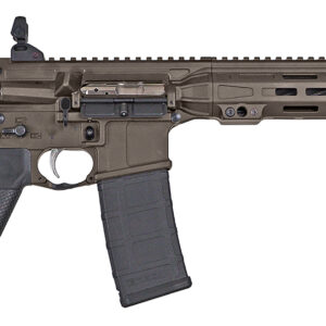 Side view of a modern rifle with attachments.