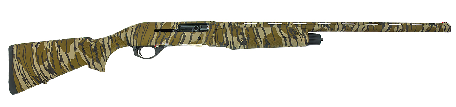 Camo-patterned bolt-action hunting rifle displayed horizontally.