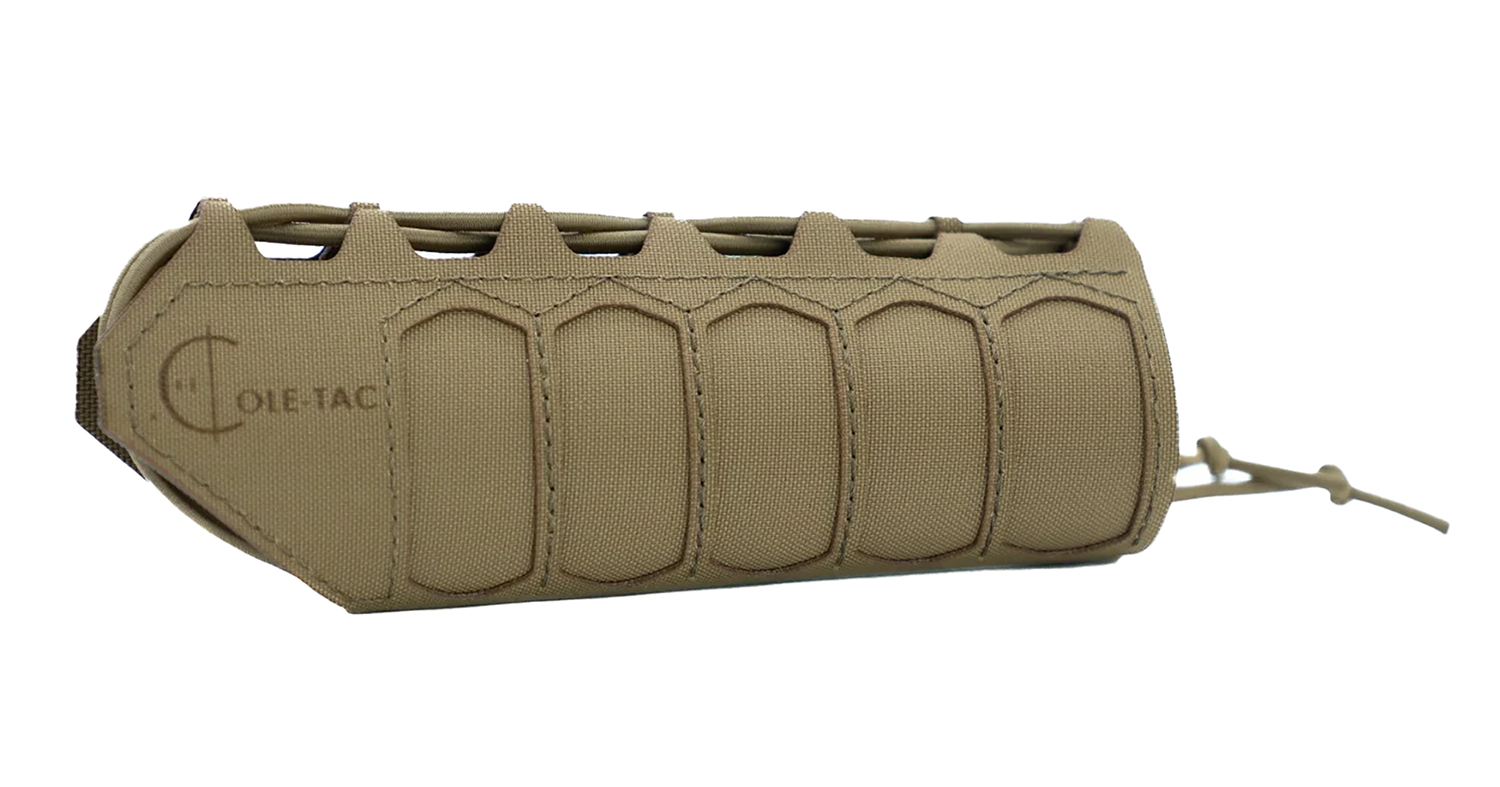 Tan tactical pouch with multiple compartments.
