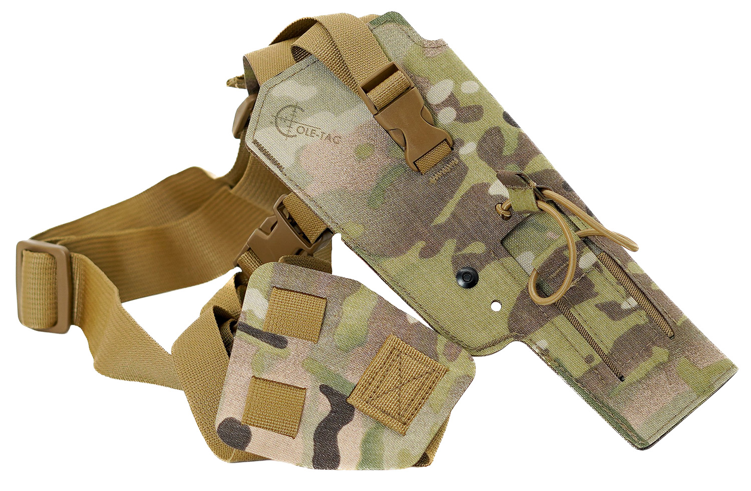 Camouflage tactical holster with adjustable straps.
