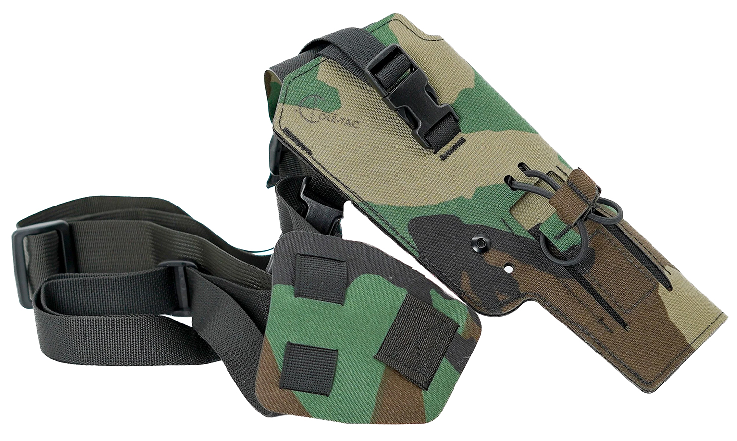 Camo tactical holster with adjustable straps.