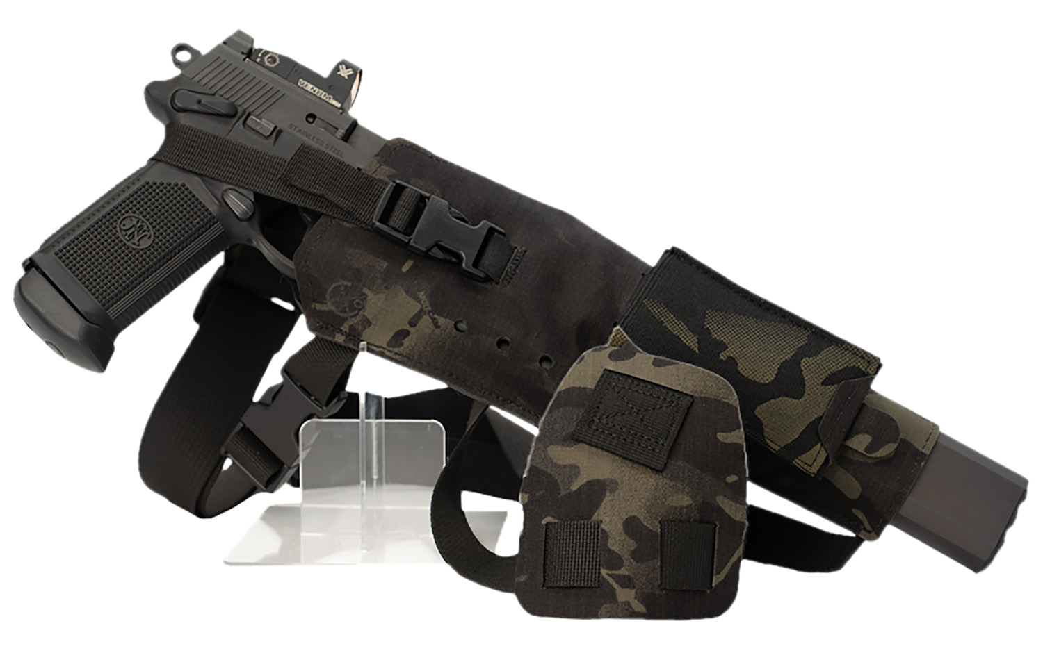 Black tactical handgun and holster setup.