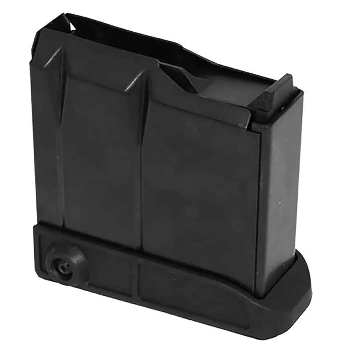 Black magazine for firearms on a white background.