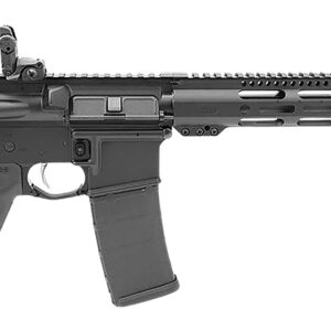 Modern rifle with adjustable stock and tactical features.