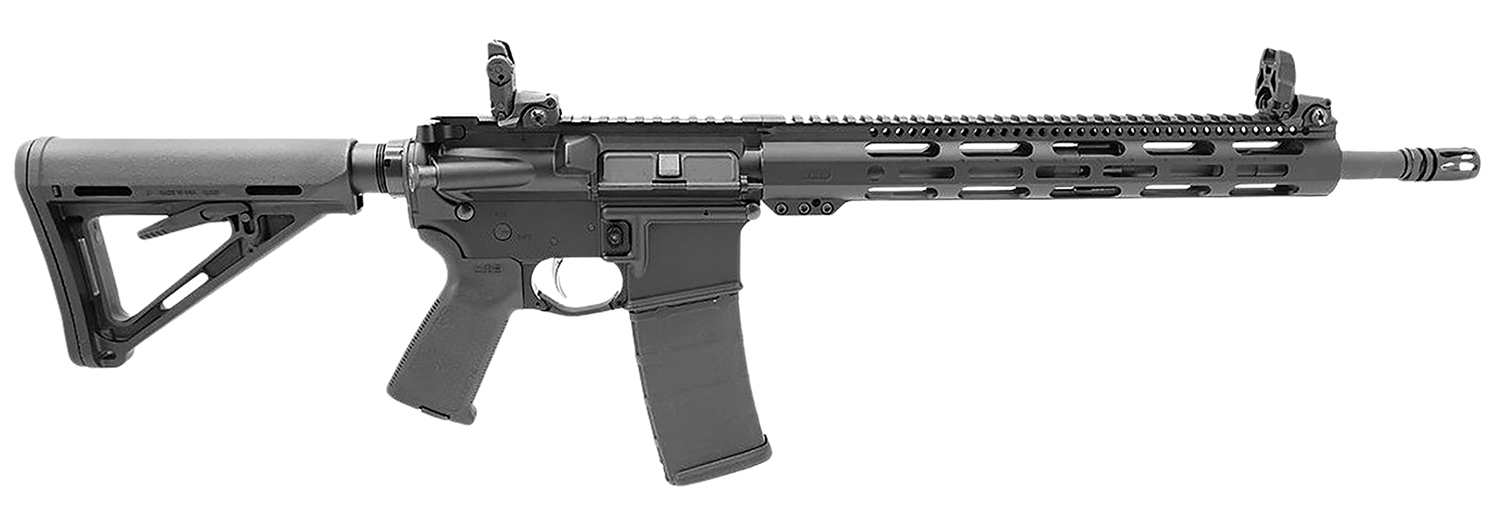 Modern rifle with adjustable stock and tactical features.