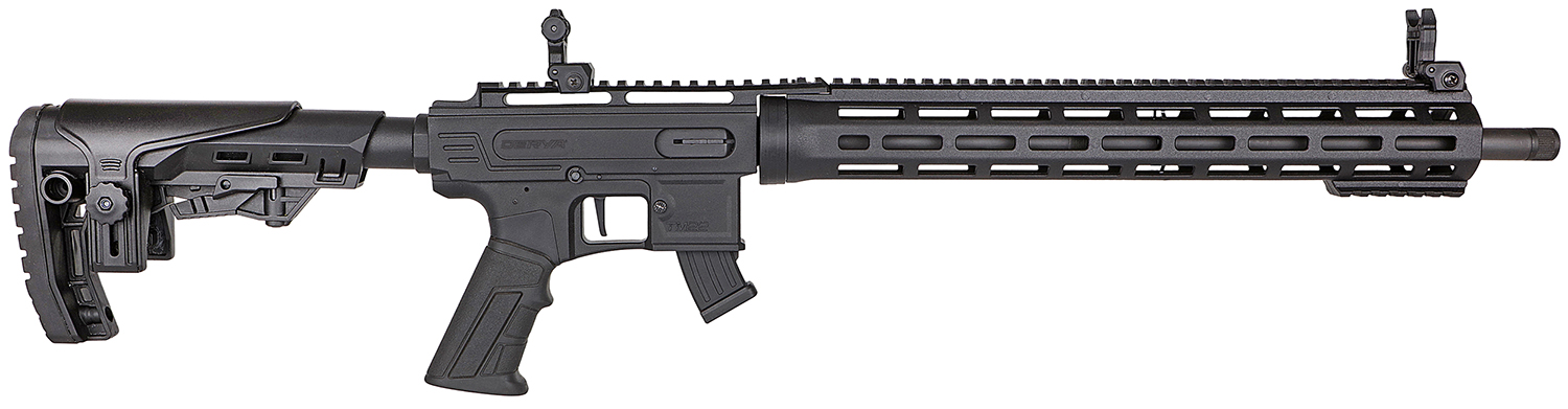 Black tactical firearm with adjustable stock and rail