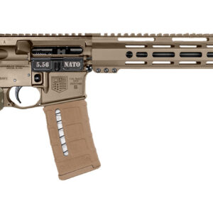 Detailed view of a camouflaged rifle.