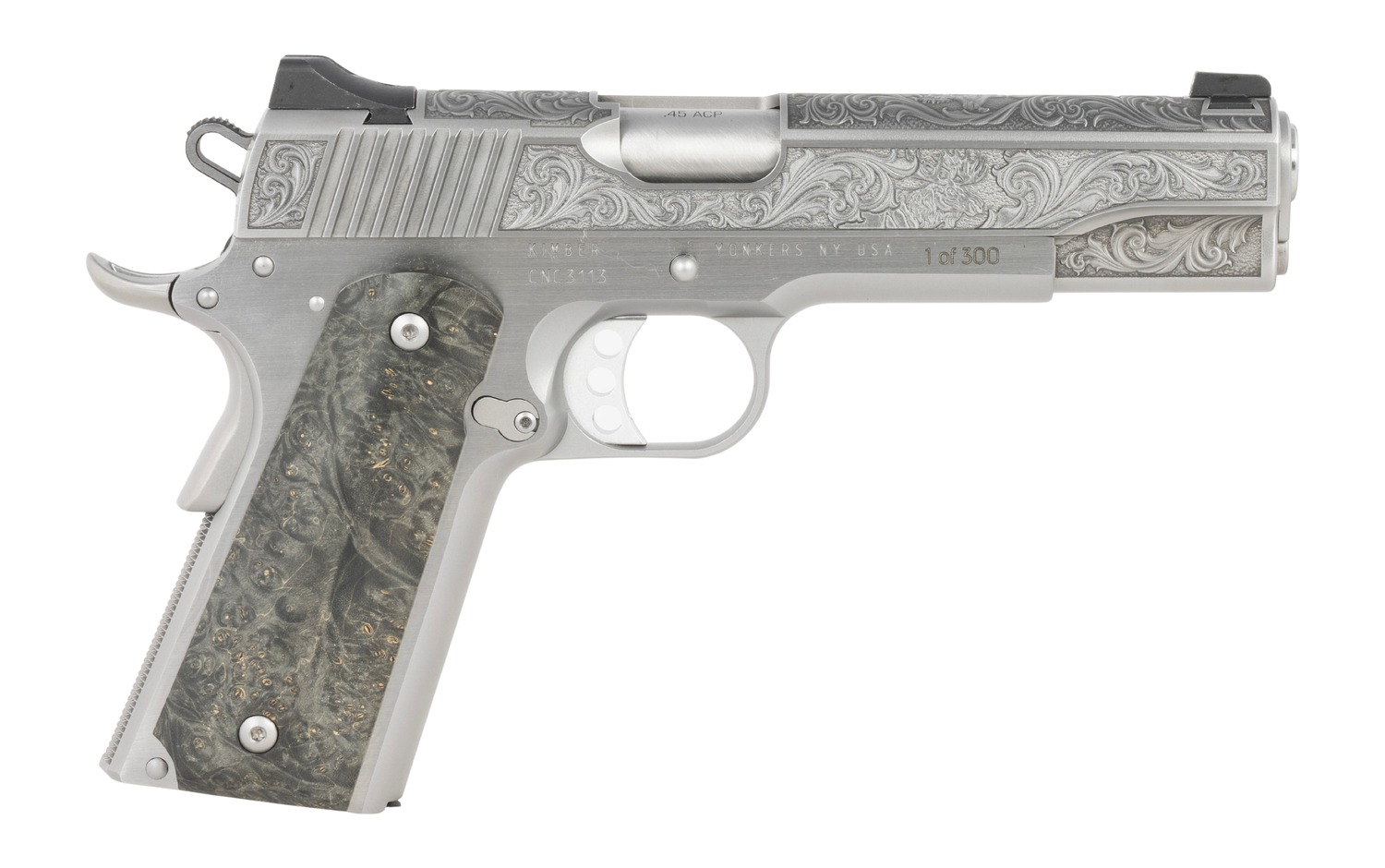 Engraved stainless steel pistol with unique design