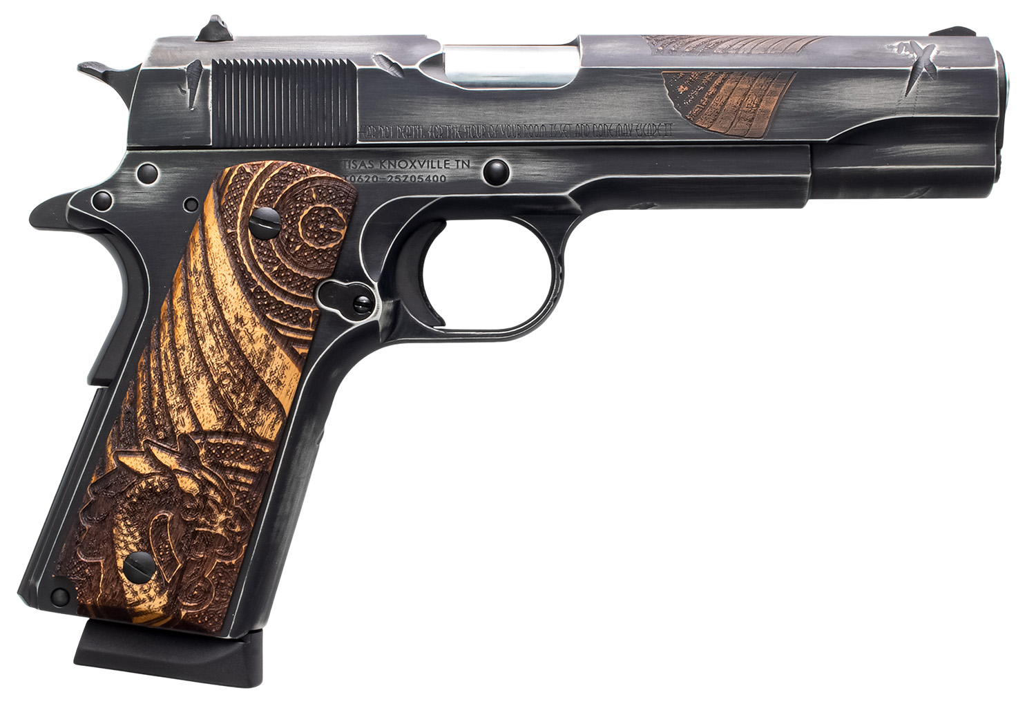 Detailed pistol with ornate wooden grip