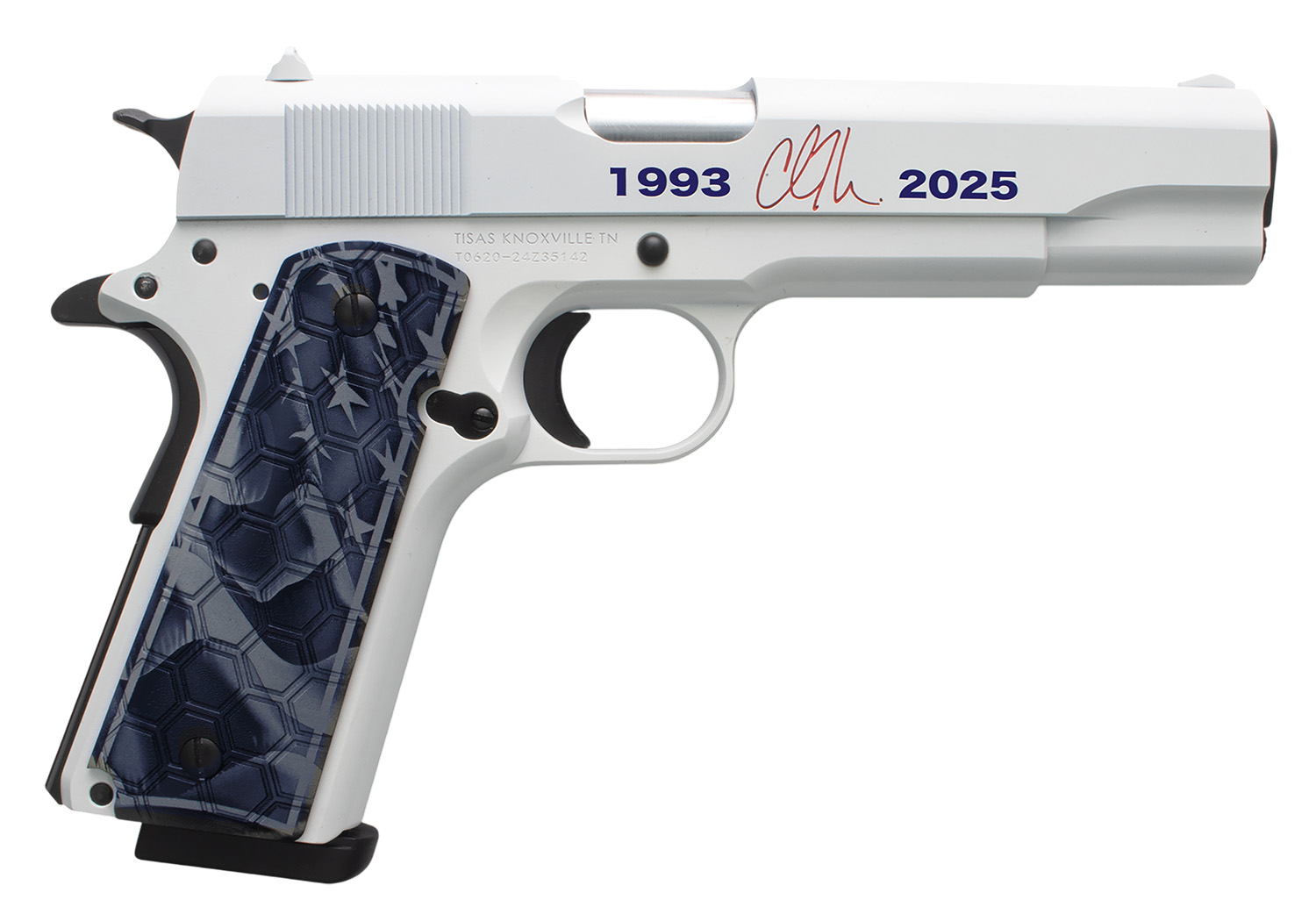 White pistol with patterned grip and markings.