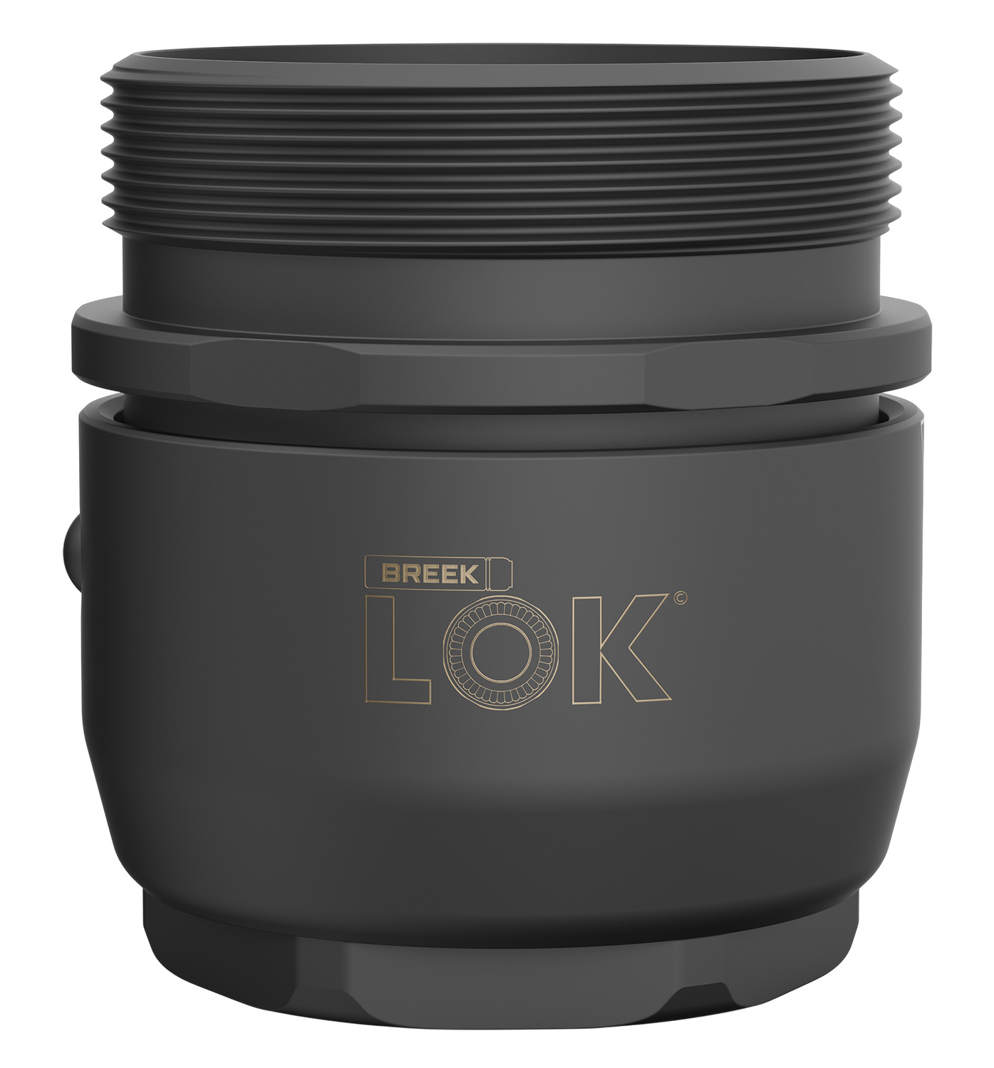 Black threaded connector fitting for industrial use.