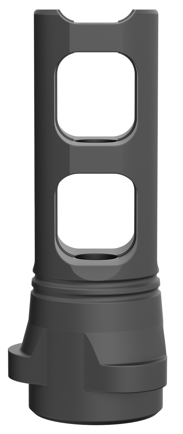 Gray, cylindrical object with two openings.