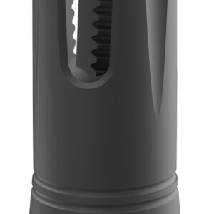 Close-up of a black tool part with grooves.