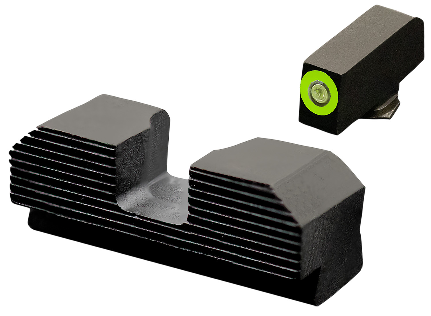 Two firearm sights, one with green outline.