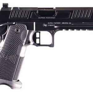 Black handgun with textured grip.
