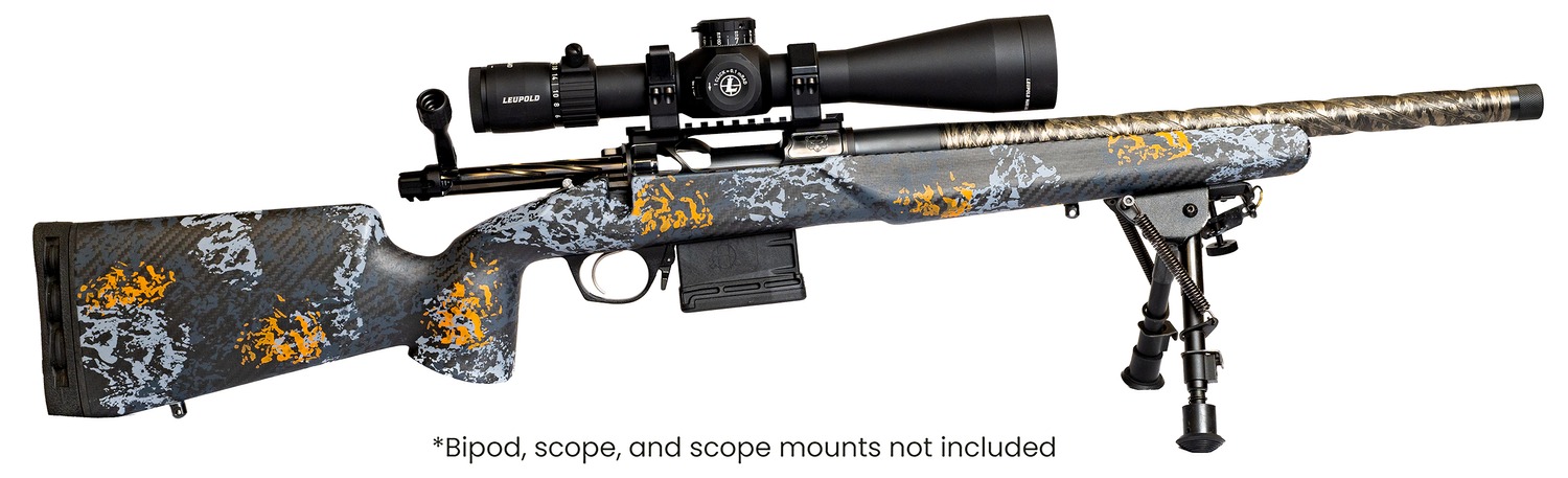 Detailed rifle with tactical scope, bipod not included.