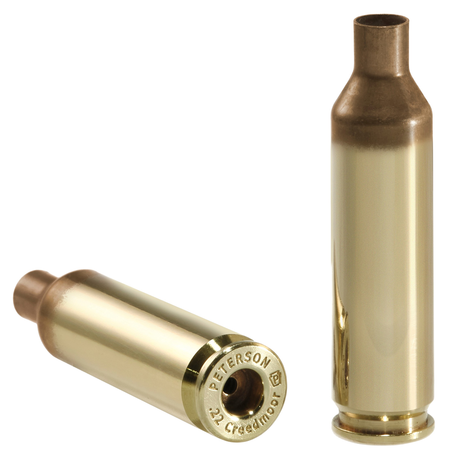 Two 22 Creedmoor brass cartridges displayed side by side.