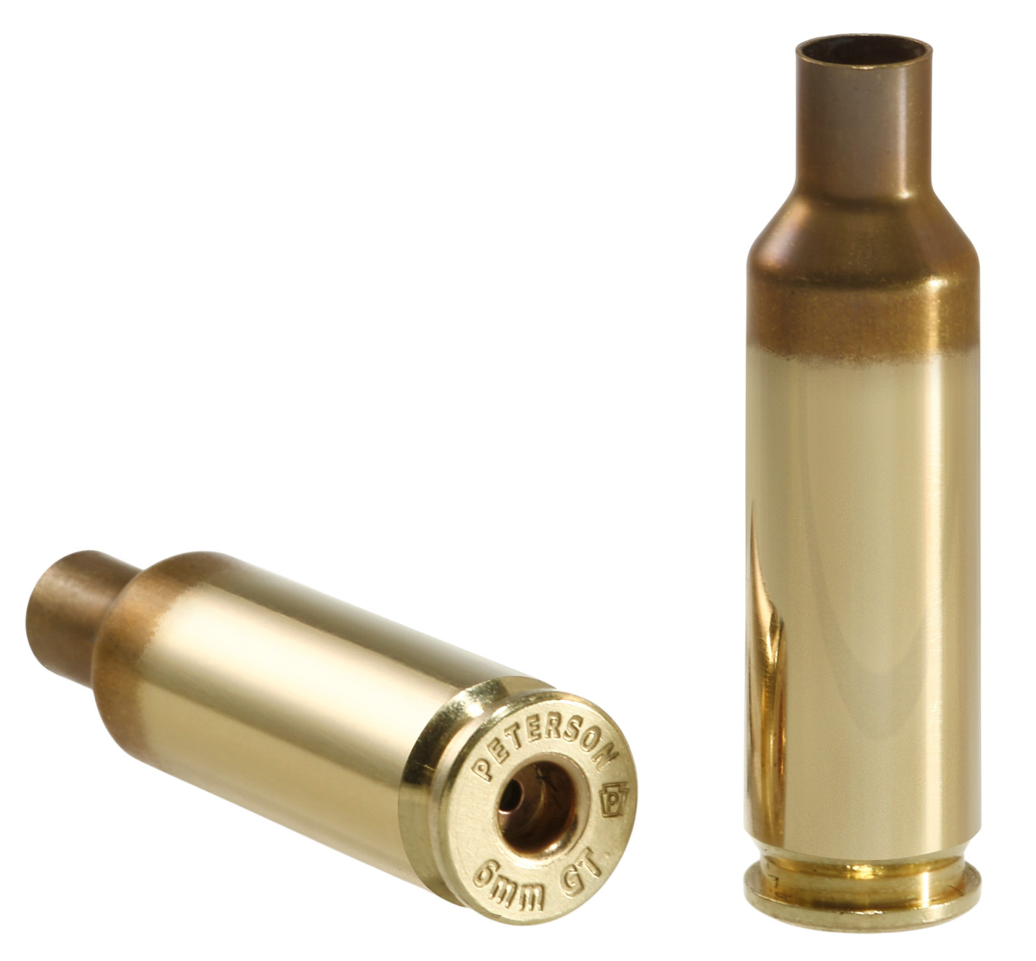Two brass rifle cartridges positioned diagonally.