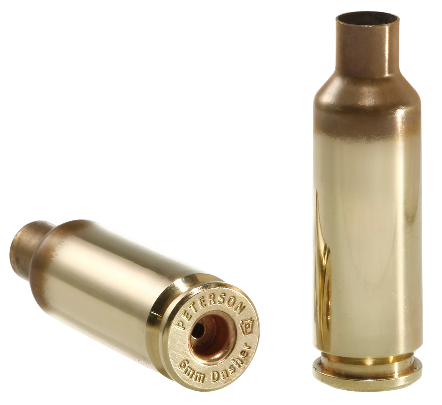 Two brass firearm cartridge casings displayed upright.