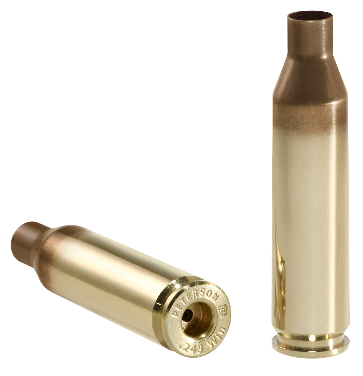 Two .243 Winchester rifle cartridges on white background.