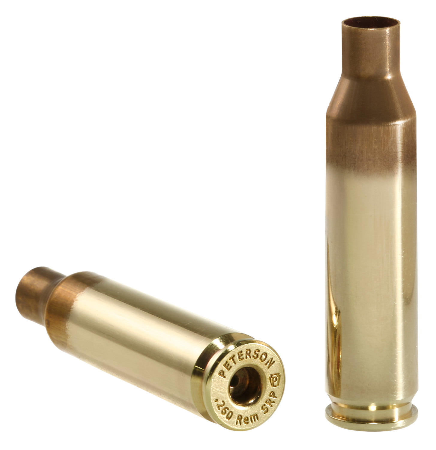 Two brass rifle cartridge casings on white background.