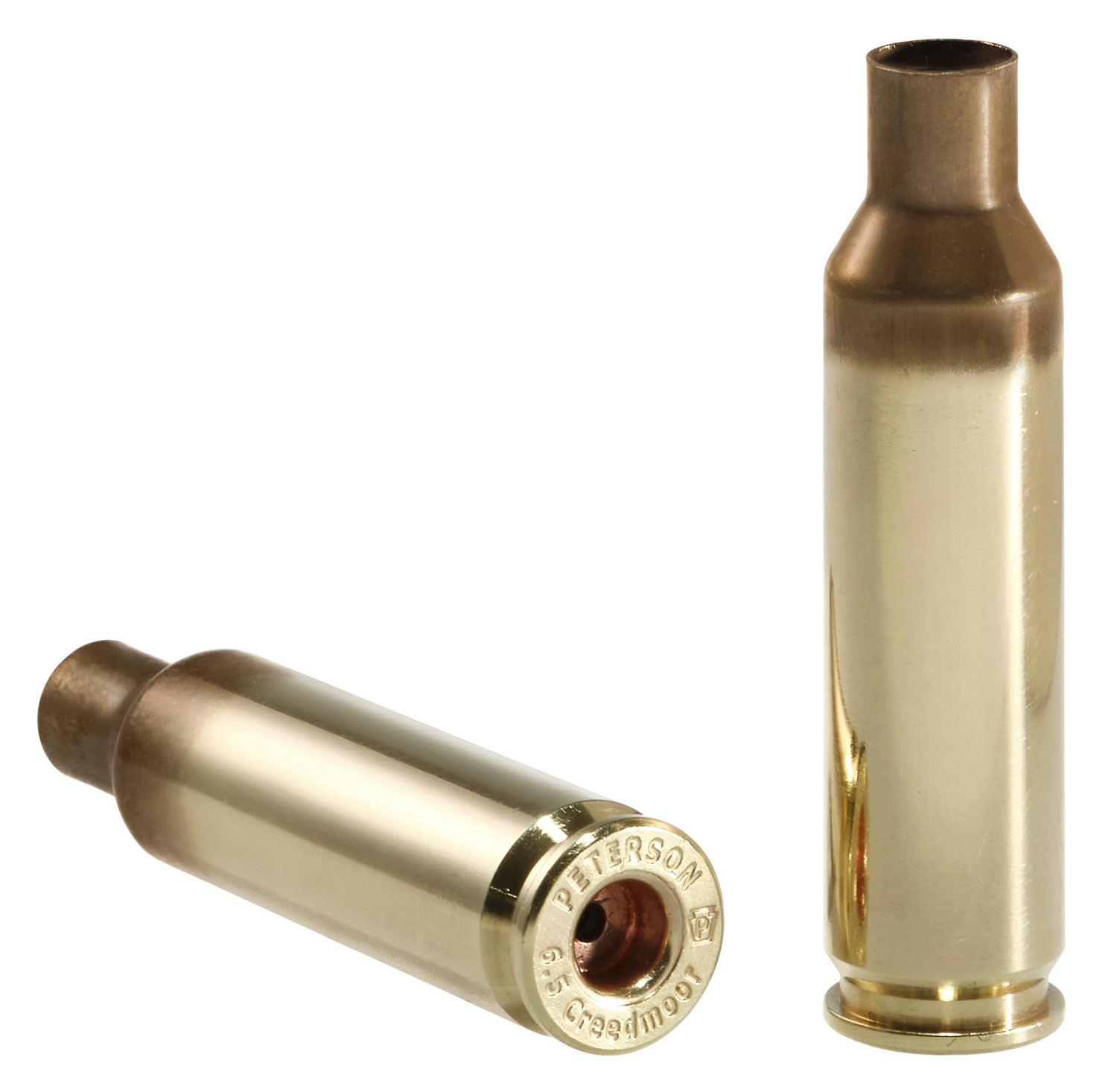 Two brass rifle cartridges on a white background.
