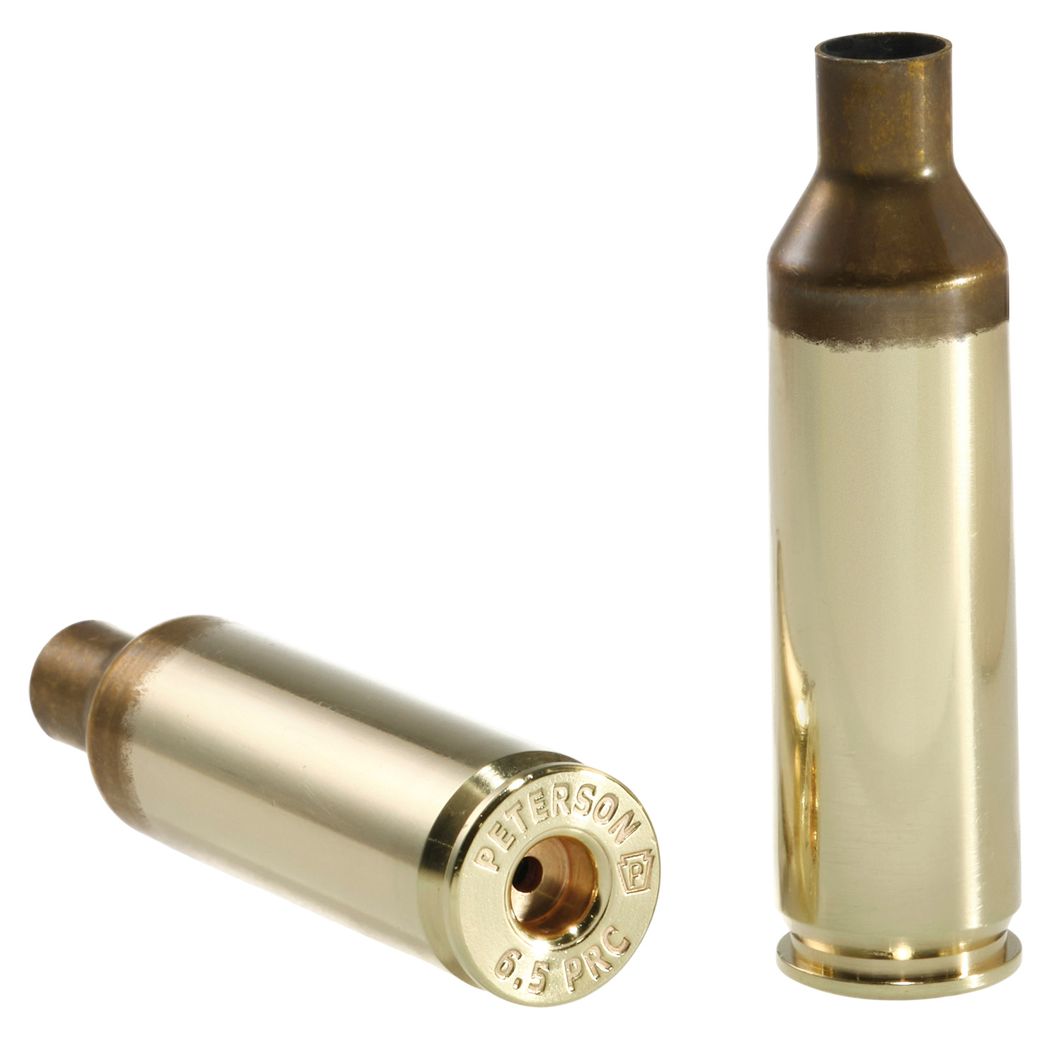 Two 6.5 PRC rifle cartridges on a white background.