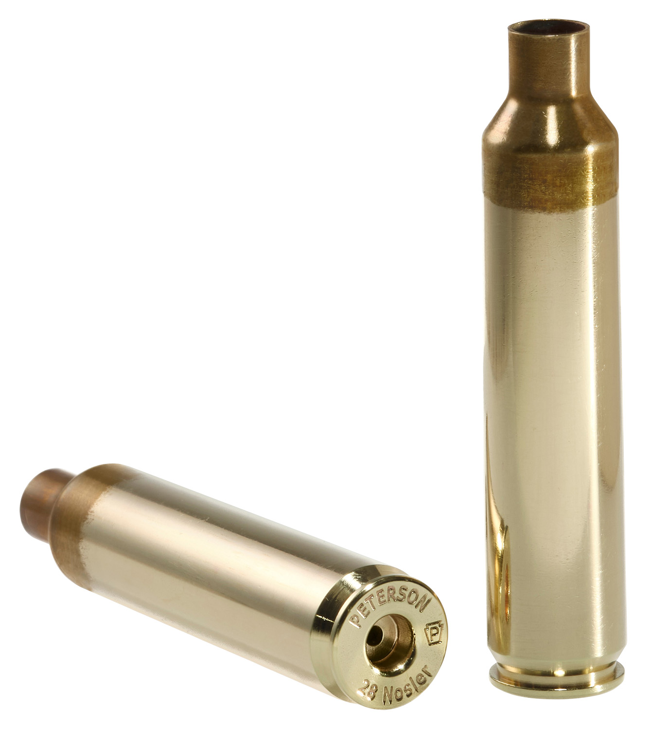 Two brass rifle cartridges displayed on white background.
