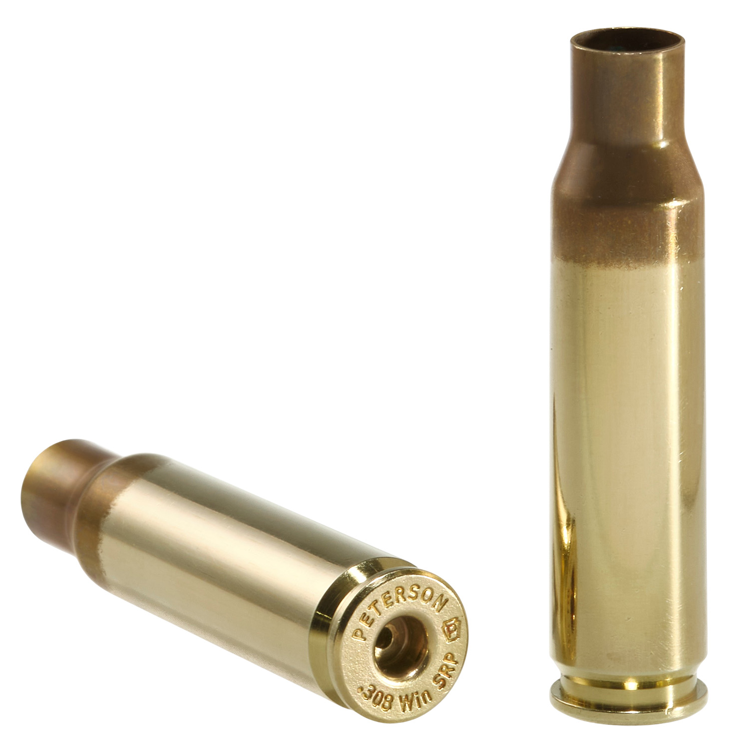 Two brass rifle cartridges on a white background.