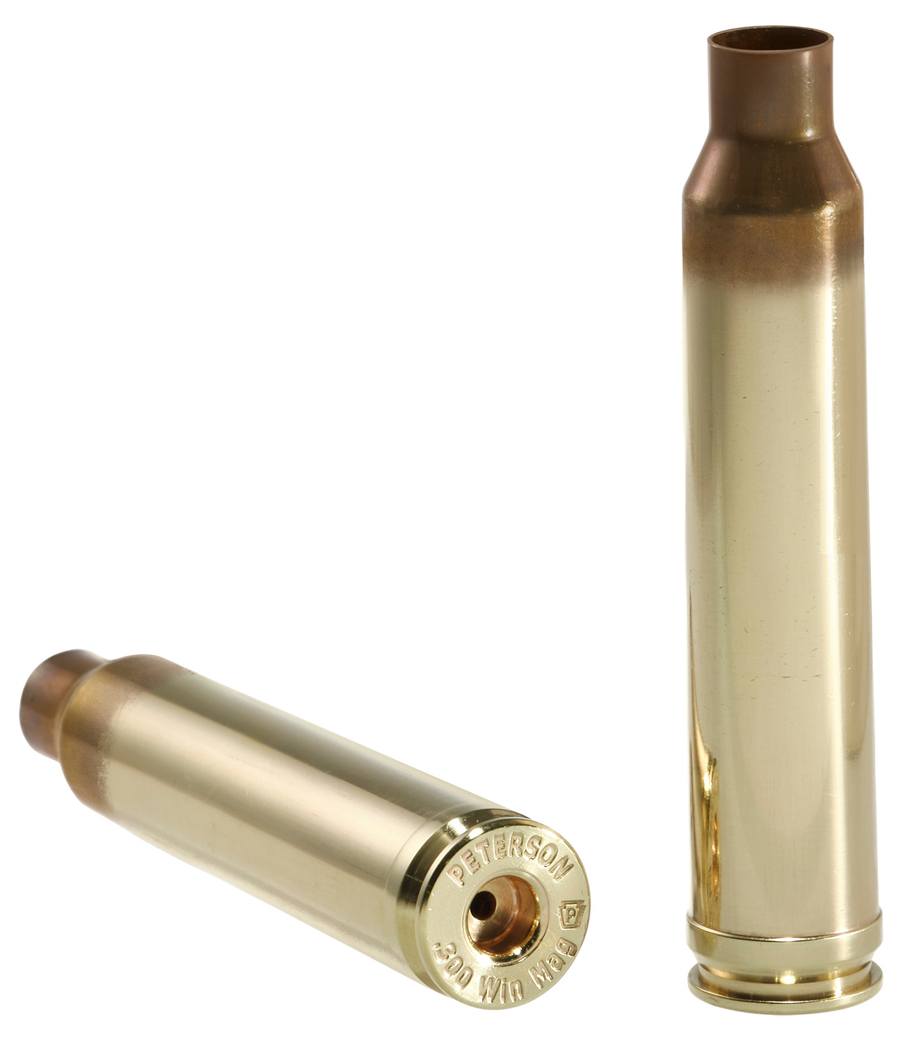 Two brass cartridges against a white background.