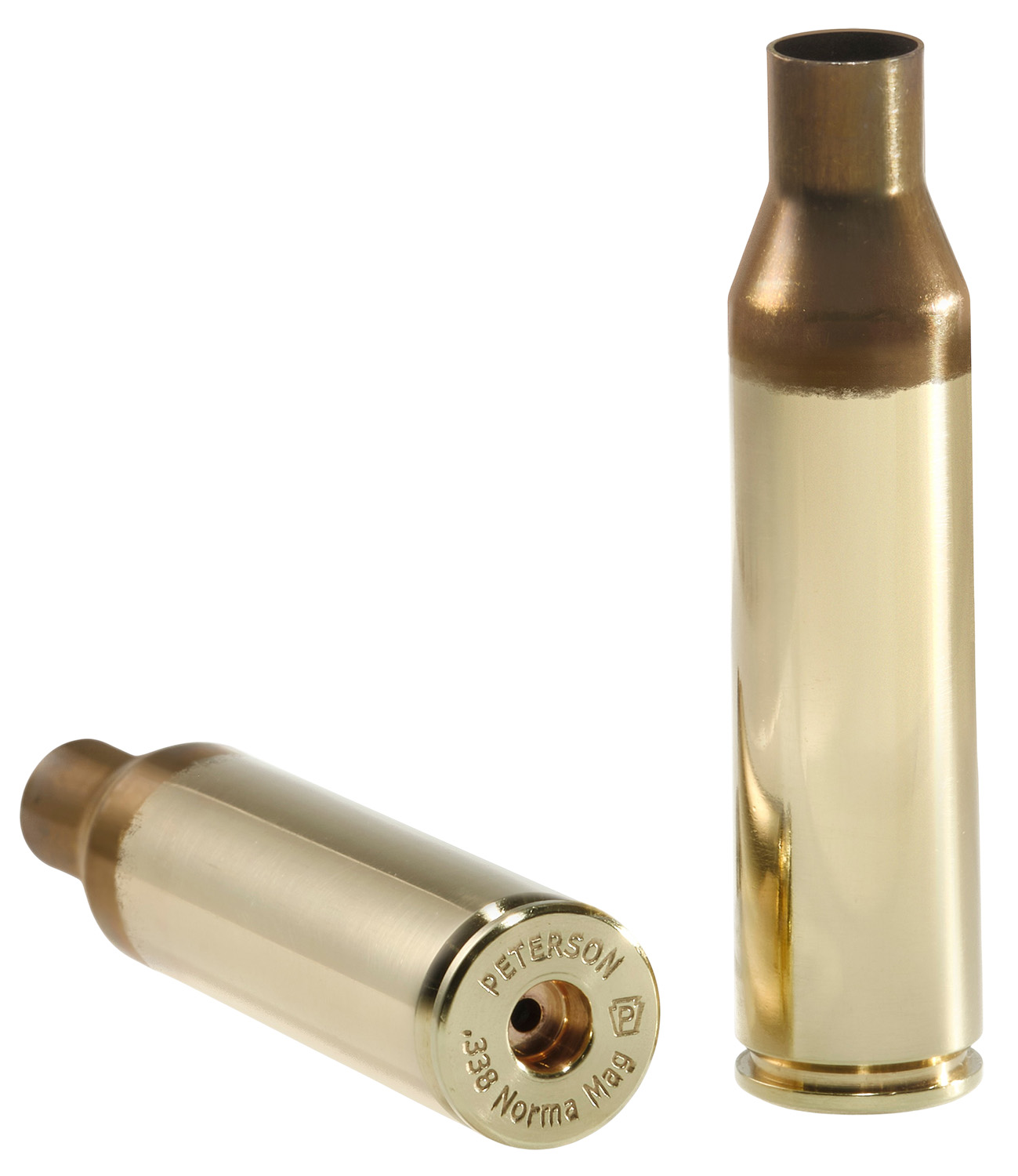 Two brass rifle cartridge casings on white background.