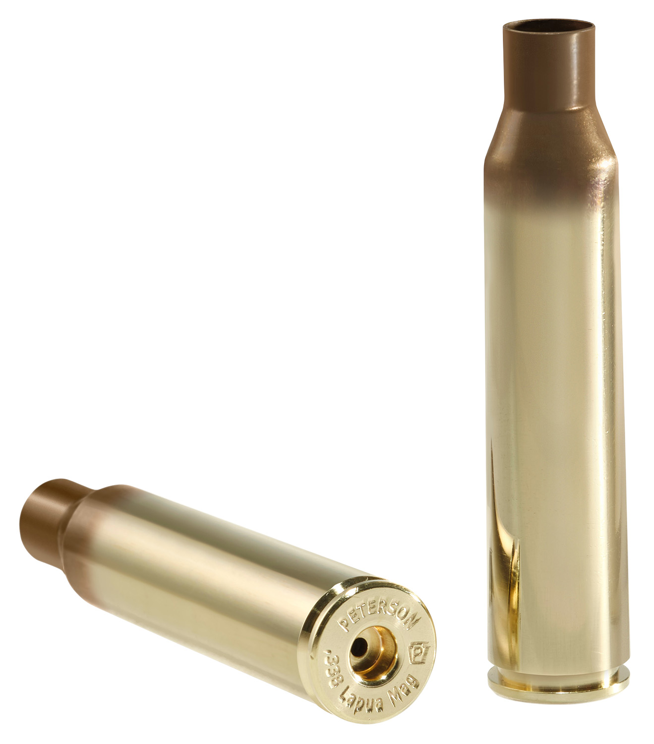 Two .338 Lapua Magnum brass cartridge casings.