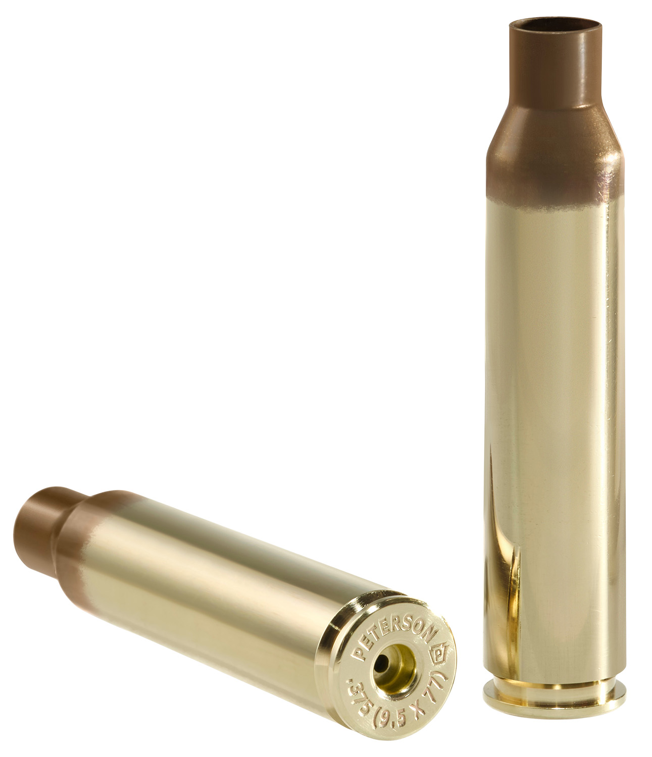 Two brass rifle cartridge cases displayed together.
