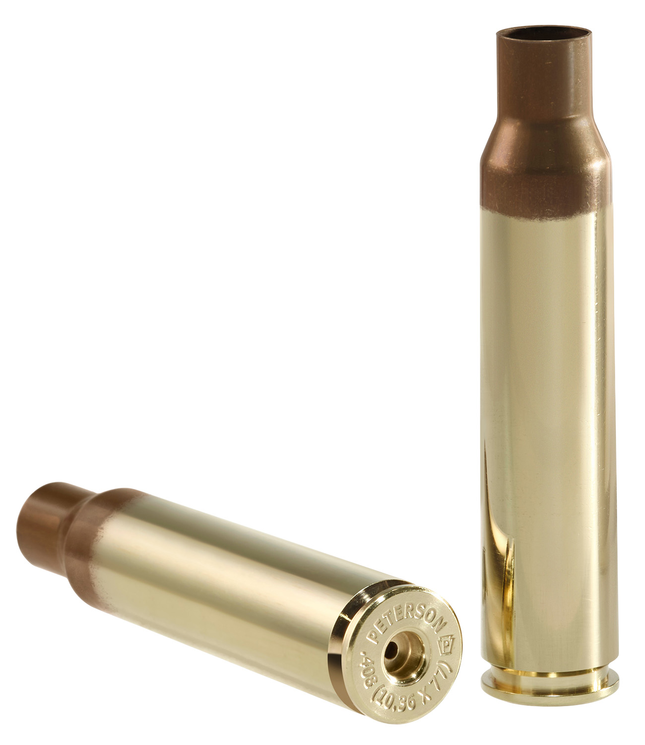 Two brass rifle cartridges on a white background.