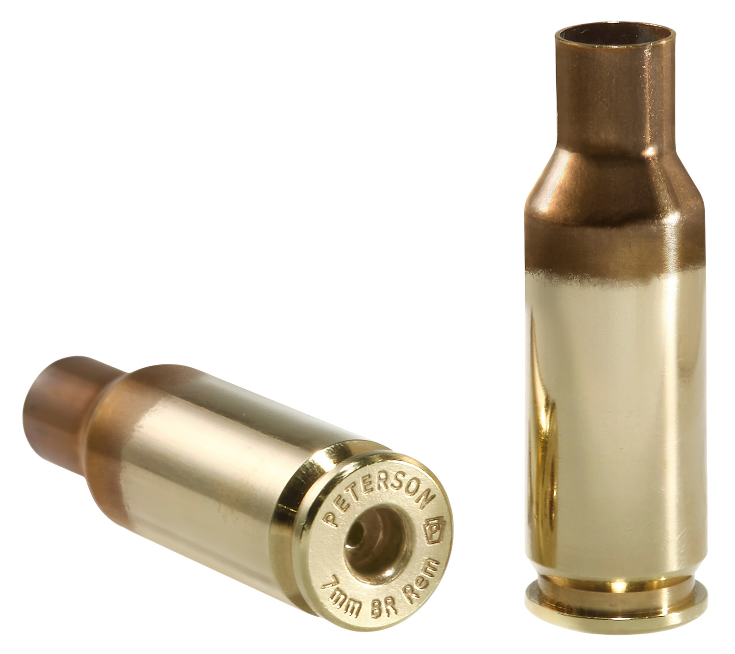 Two brass rifle cartridges on a white background.