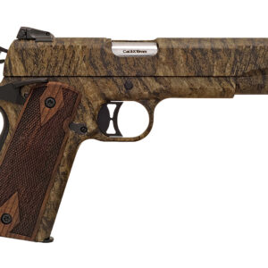 Side view of a camouflaged handgun.