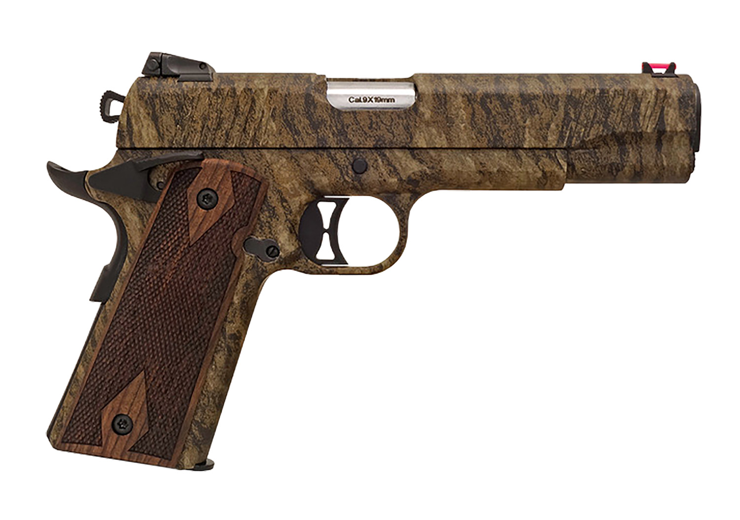 Side view of a camouflaged handgun.